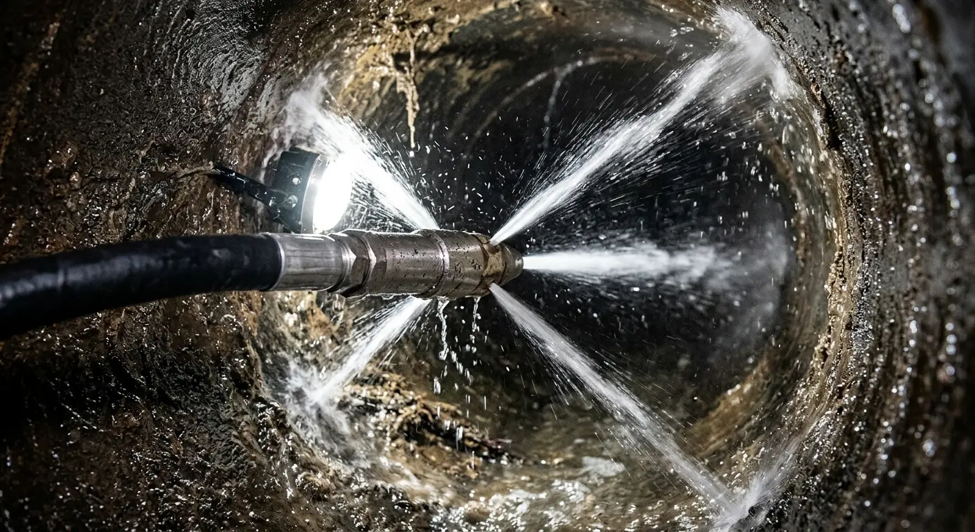 High-pressure hydro jetting nozzle cleaning sewer pipe for Emergency Drain Service in Elba