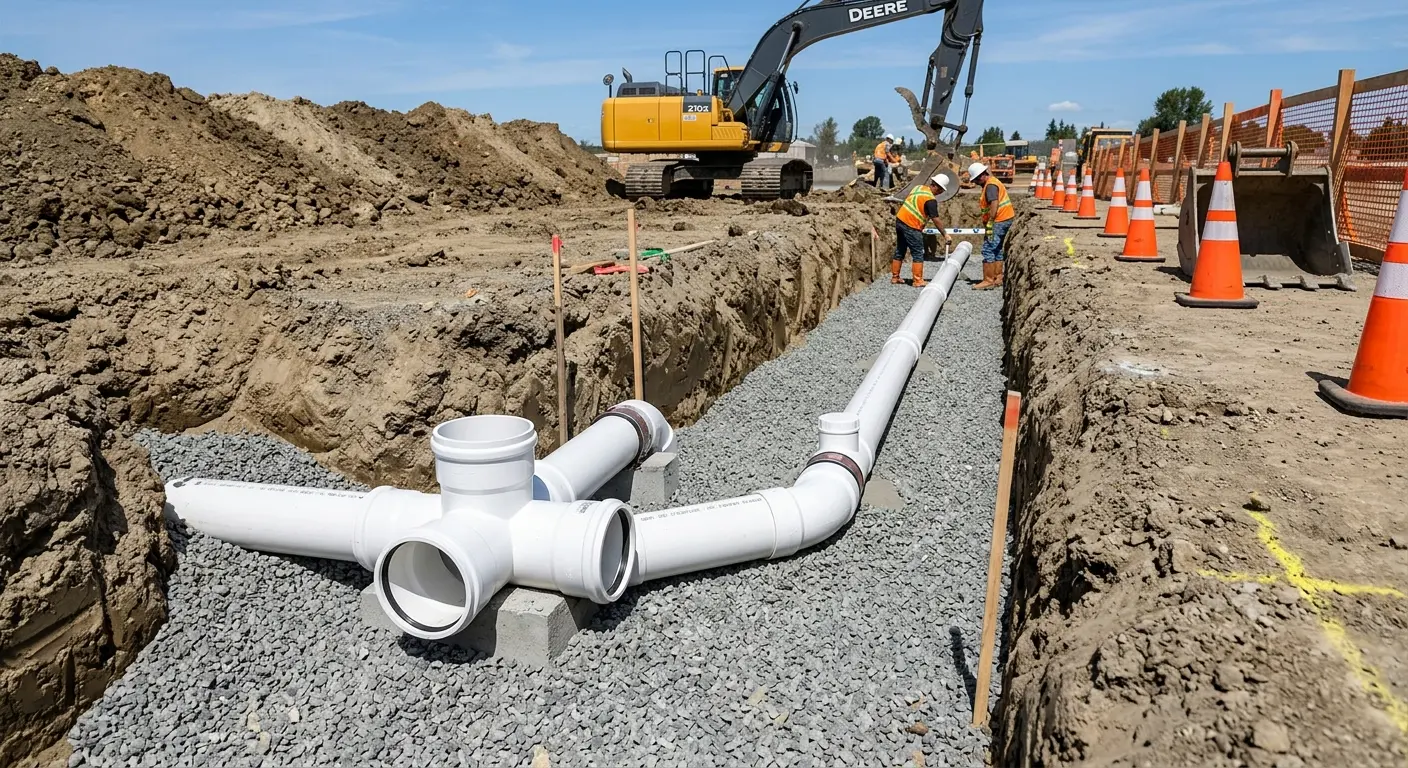 New PVC sewer pipe installation in open trench for Sewer Backup in Elba