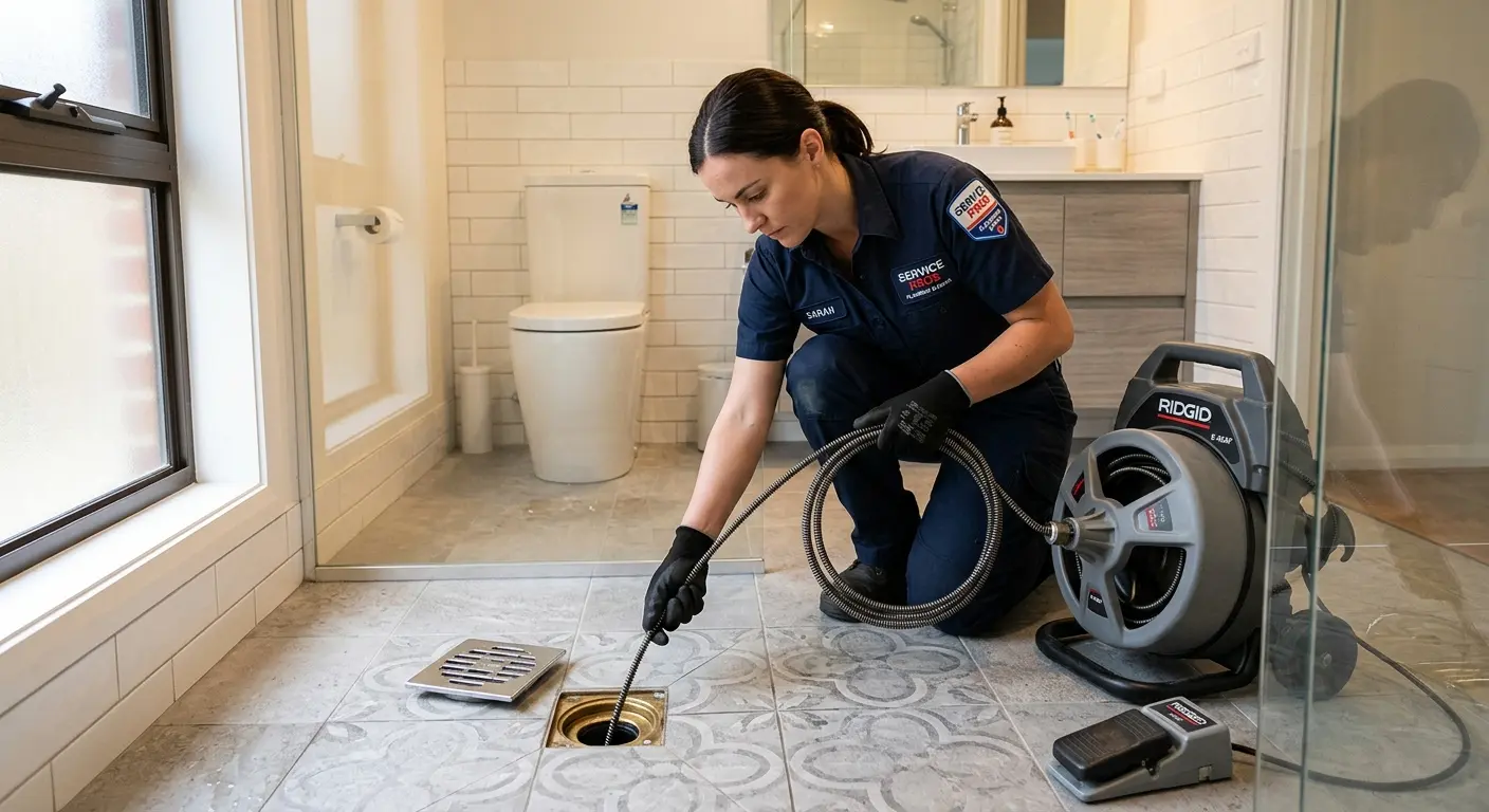 Technician clearing a bathroom floor drain for Drain Cleaning in Elba